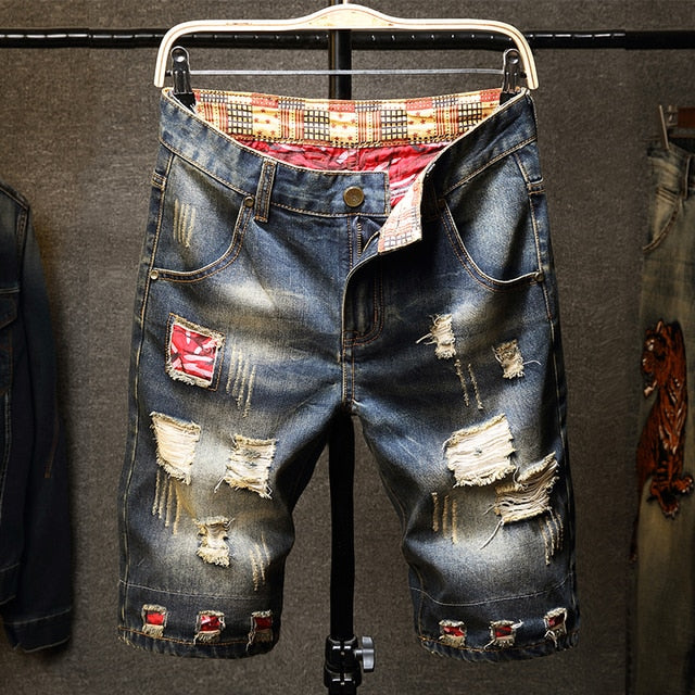 Retro Style Ripped Denim Shorts for Men