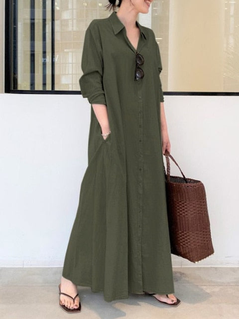 Linen Striped Cardigan Loose Long Dress