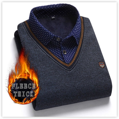 Long Sleeve Pullover Fake Two Pieces Shirt Collar Sweater Preppy Style Fleece