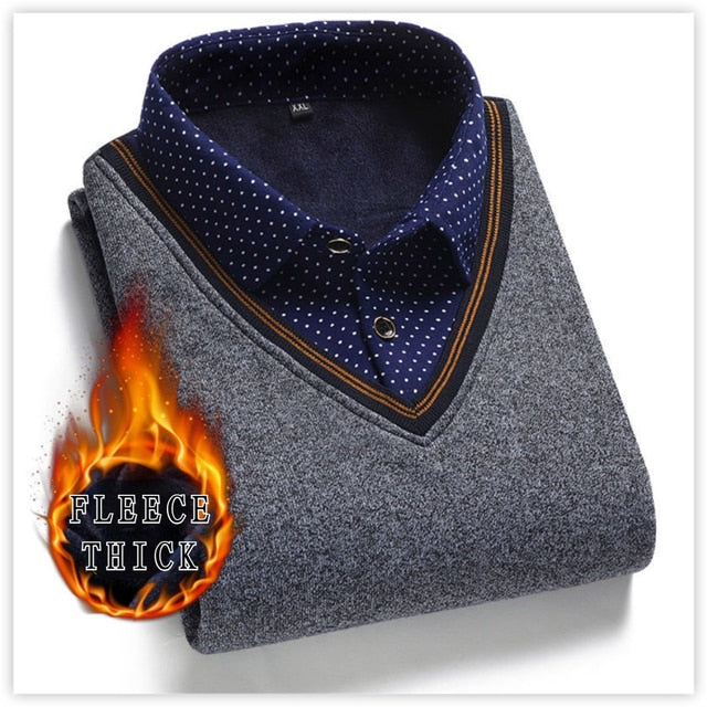 Long Sleeve Pullover Fake Two Pieces Shirt Collar Sweater Preppy Style Fleece