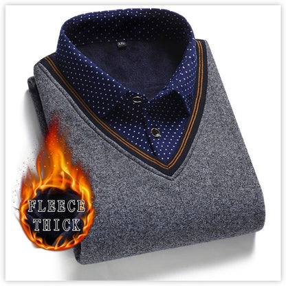 Long Sleeve Pullover Fake Two Pieces Shirt Collar Sweater Preppy Style Fleece