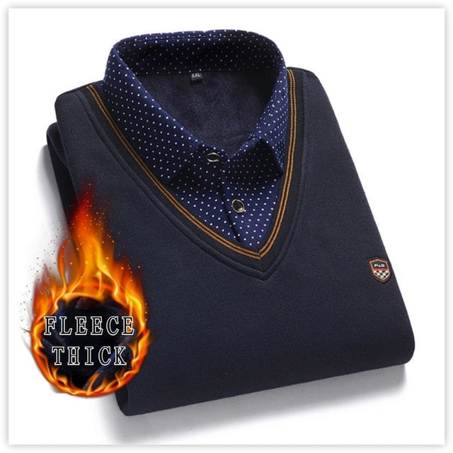 Long Sleeve Pullover Fake Two Pieces Shirt Collar Sweater Preppy Style Fleece