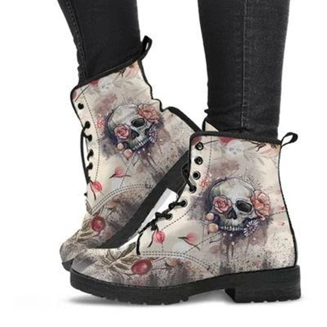 HOT Skeleton Women Snow Ankle Boots Motorcycle Skull Pansy Low Heels Shoes