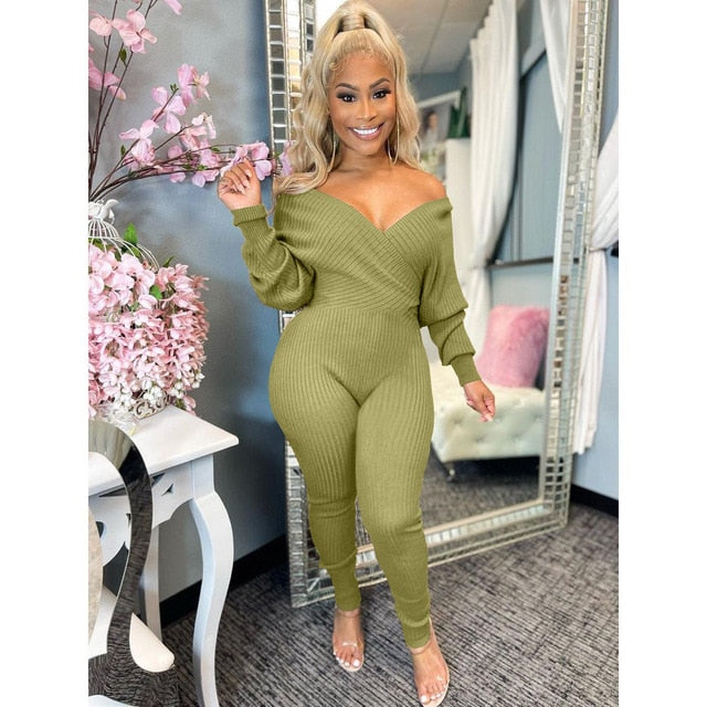 Off Shoulder Ribbed V Neck Bodycon Jumpsuits
