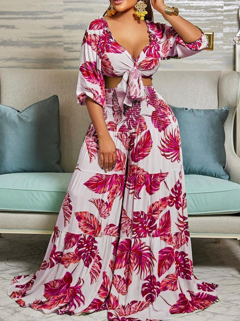 Tie Front Crop Top and Wide Leg Loose Pants Set