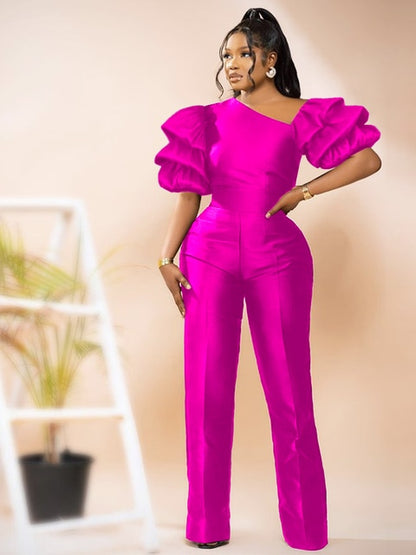 Elegant Women Jumpsuits Stunning Shiny Puff Sleeve Wide Leg