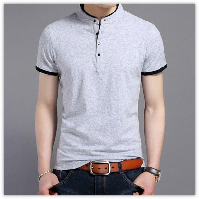 Full Sleeve Tshirt Men Solid Color Mandarin Collar Long Shirt - T-shirts