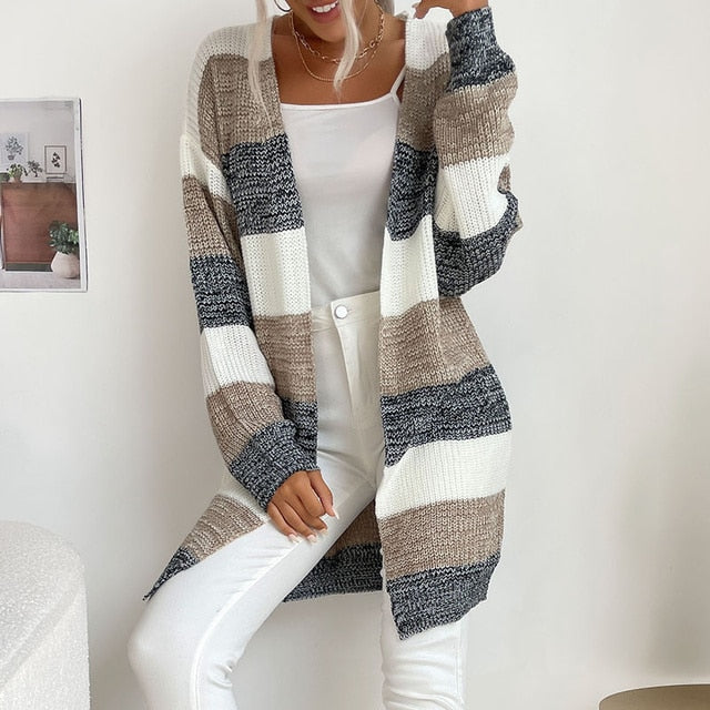 Women Knitted Cardigan Jacket Coat Striped Color - Azahshopping