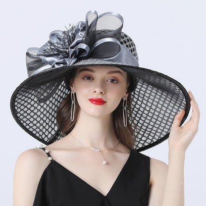 Women 16cm Wide Brim Flower Mesh Sun Hat Lady Bow Summer Beach Hat