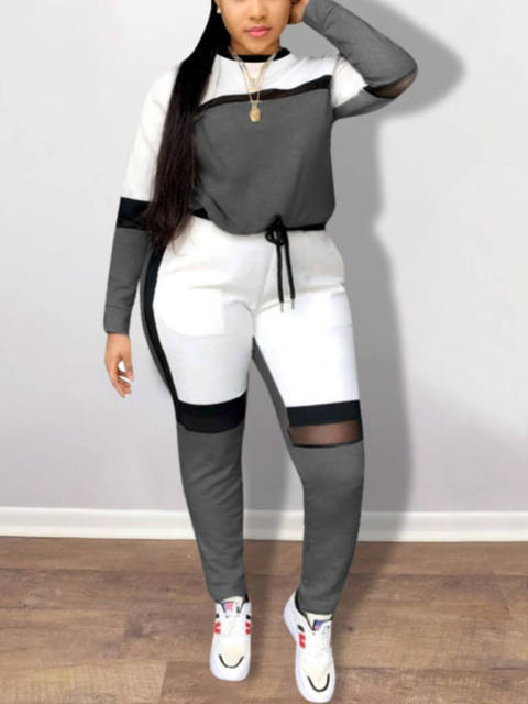 Two Piece Color-lump Tracksuit Pants Set