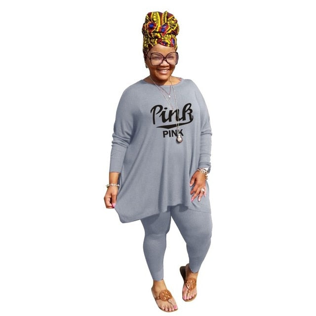 Two Piece Sets Solid Color Printing Long Sleeve Plus Size Pant