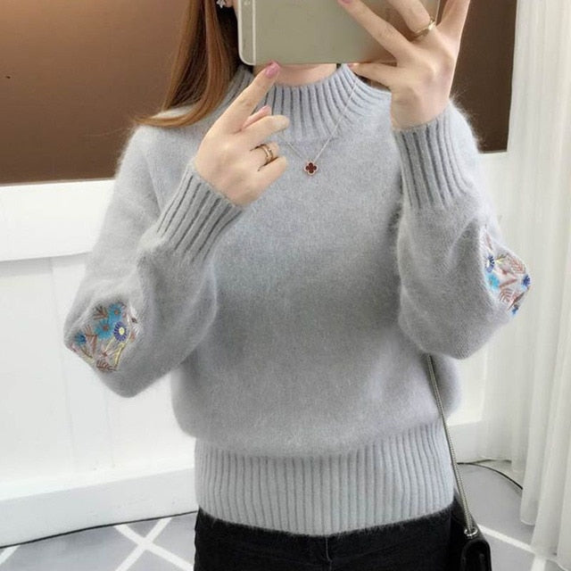 Women Knitted Sweater Floral Embroidery Thick Sweater - Azahshopping