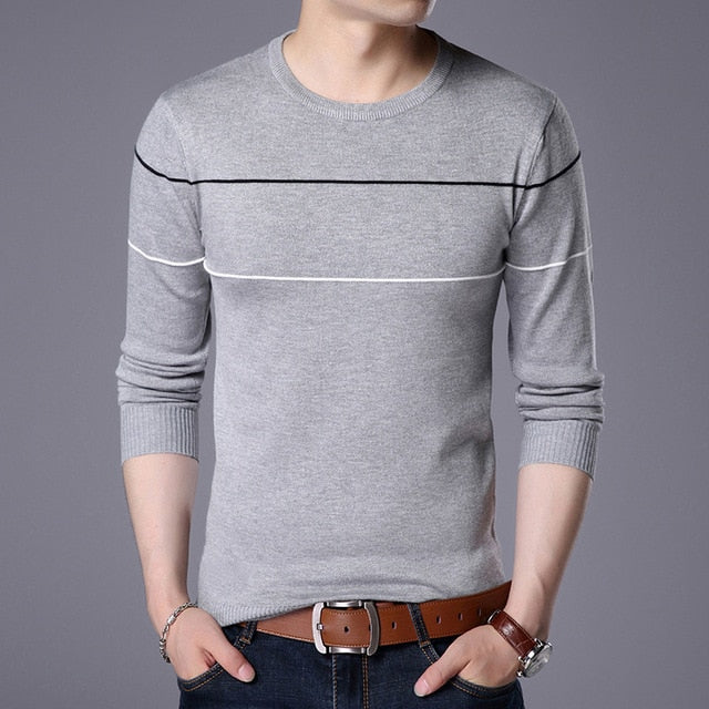 Knitted Sweater Round Neck Long Sleeve Pullover Stripe Patchwork