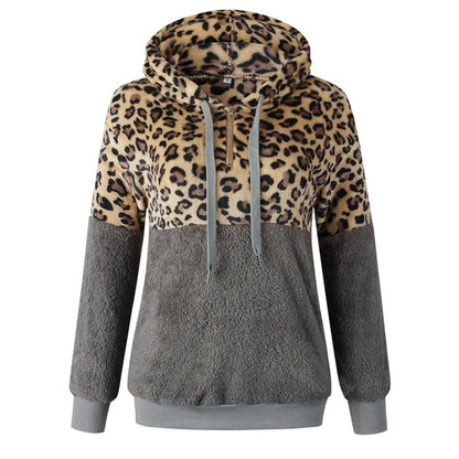 Loose Plush Leopard Patchwork Hoodies for Women with Zipper Tops