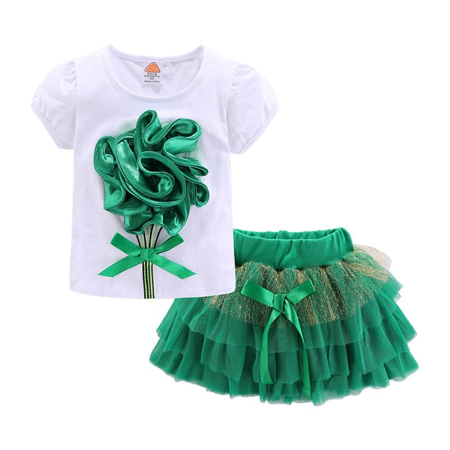 Cute Girls Outfits Boutique 3d Flower Lace Bow Tulle Tutu Skirt Sets For Toddler Gir