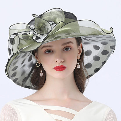 Women Summer Hat Black Dot Pattern Ruffle Wide Brim Ladies Organza Hat