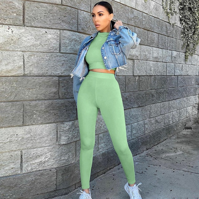 Long Sleeve Crop Tops Tshirt Leggings Pants Set Bodycon Tracksuits