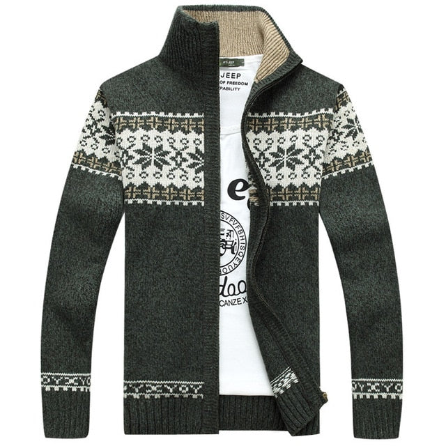 Jacquard Sweater Coat Snowflake Print Knitted Cardigan Turtleneck Full Zip