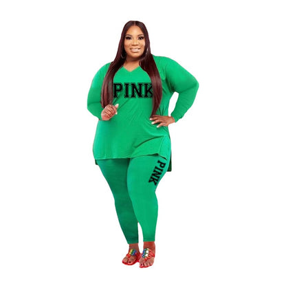 Two Piece Set Fashion Long Sleeve V Neck Top And Pants - Plus Size Sets