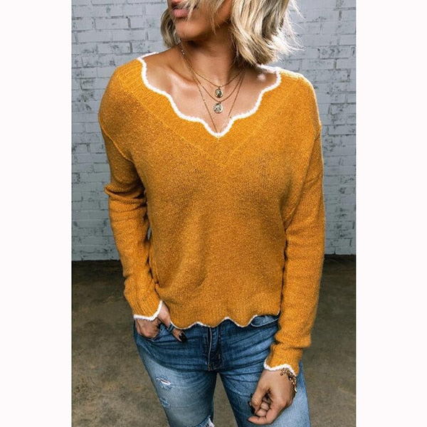 Women Knitted Sweaters New Wave V Neck Pullover Tops