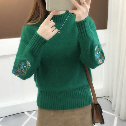 Women Knitted Sweater Floral Embroidery Thick Sweater - Azahshopping