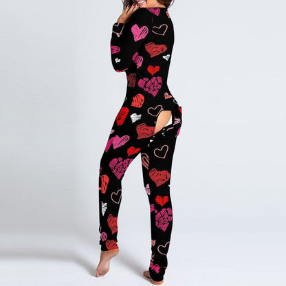 Pink Heart Printed Women Onesies Jumpsuit