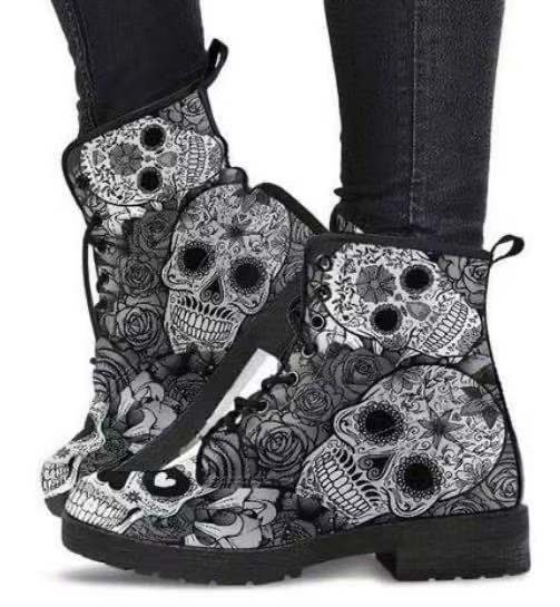 HOT Skeleton Women Snow Ankle Boots Motorcycle Skull Pansy Low Heels Shoes