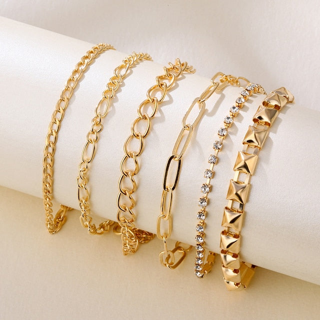 Thick Geometric Chain Punk Heavy Metal Crystal Lock Pendant Bracelet Set