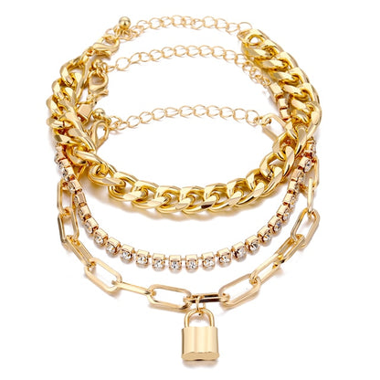 Thick Geometric Chain Punk Heavy Metal Crystal Lock Pendant Bracelet Set