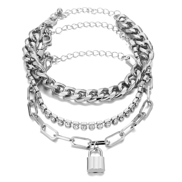 Thick Geometric Chain Punk Heavy Metal Crystal Lock Pendant Bracelet Set