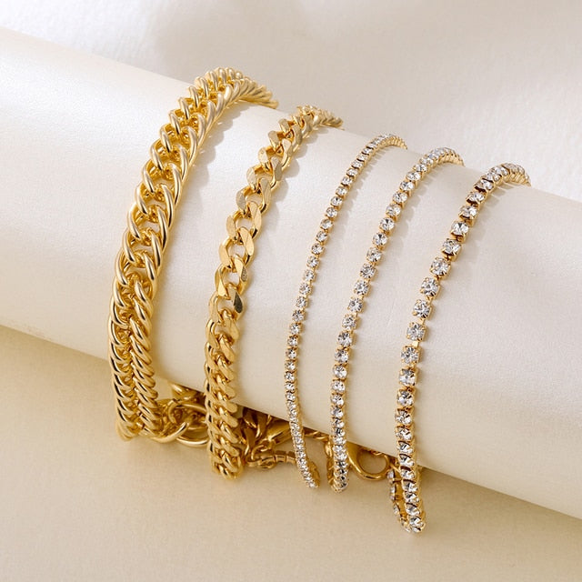 Thick Geometric Chain Punk Heavy Metal Crystal Lock Pendant Bracelet Set