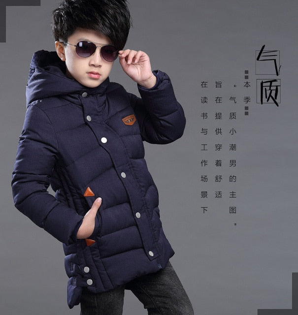 Mid-length Plus Velvet Thickening Hooded Cotton Coat For Boys