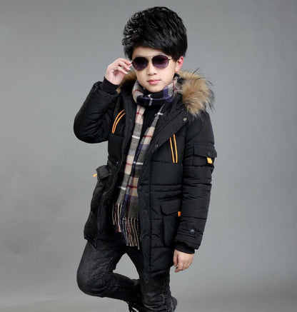 Mid-length Plus Velvet Thickening Hooded Cotton Coat For Boys