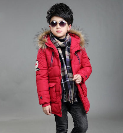 Mid-length Plus Velvet Thickening Hooded Cotton Coat For Boys