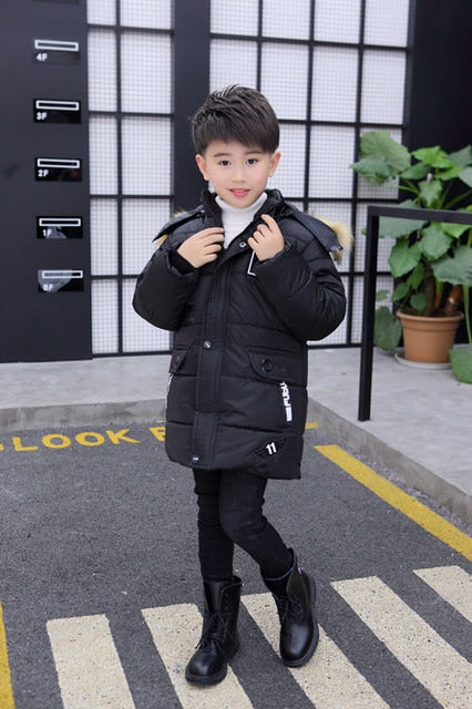 Mid-length Plus Velvet Thickening Hooded Cotton Coat For Boys