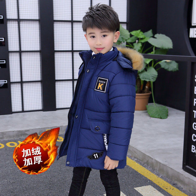 Mid-length Plus Velvet Thickening Hooded Cotton Coat For Boys