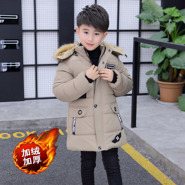 Mid-length Plus Velvet Thickening Hooded Cotton Coat For Boys