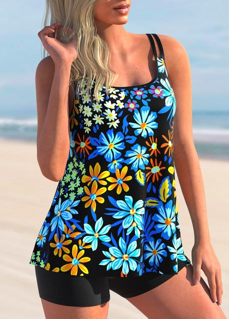 Printed Tankini Swimwear Sports Bathing Suit Beachwear-Two-piece Set