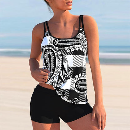 Printed Tankini Swimwear Sports Bathing Suit Beachwear-Two-piece Set