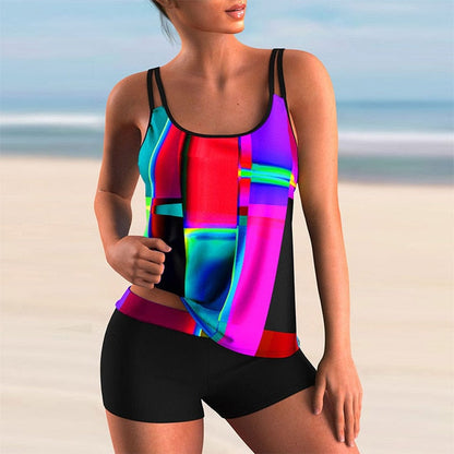 Printed Tankini Swimwear Sports Bathing Suit Beachwear-Two-piece Set