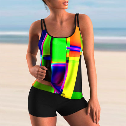 Printed Tankini Swimwear Sports Bathing Suit Beachwear-Two-piece Set