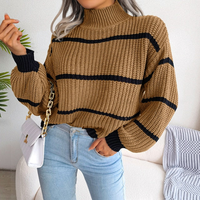 Striped Lantern Sleeve High neck Knit Sweater For Ladies - Azahshopping