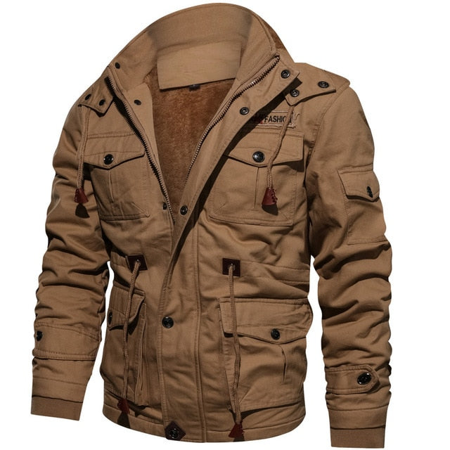 Casual Jacket Men Cotton Pilot Military Cargo Jacket Thermal Hooded