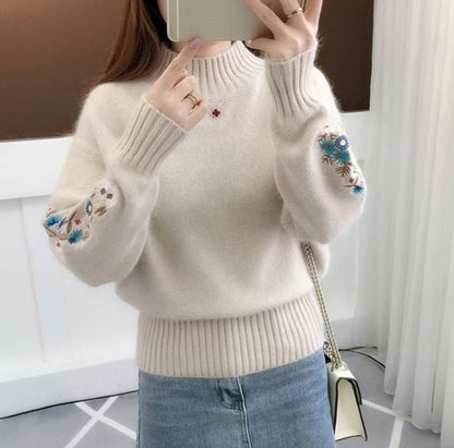 Women Knitted Sweater Floral Embroidery Thick Sweater - Azahshopping