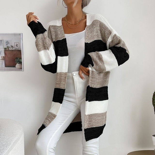 Women Knitted Cardigan Jacket Coat Striped Color - Azahshopping