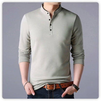 Full Sleeve Tshirt Men Solid Color Mandarin Collar Long Shirt - T-shirts