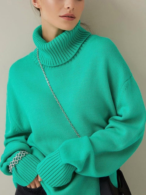 High neck Green Vintage Pullover Knitted Sweater Soft Brown For Women - Azahshopping