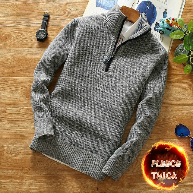 Sweater Half Zipper Turtleneck Warm Pullover Male Slim Knitted Wool