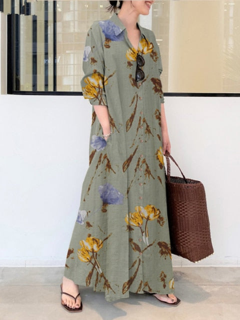 Linen Striped Cardigan Loose Long Dress