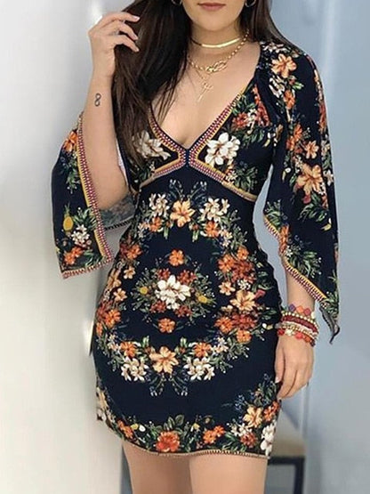 Deep V Neck Floral Print Spring Dress